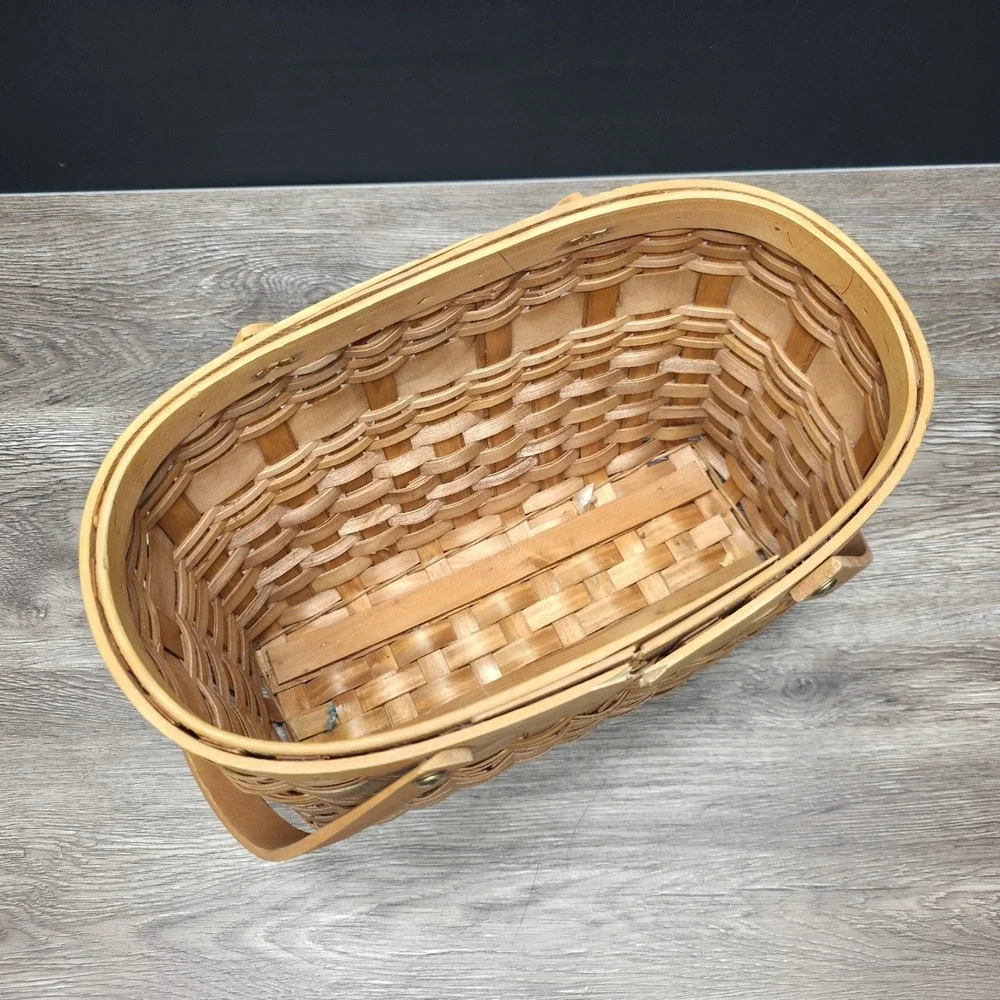 Vintage Double Handled Light Brown Wooden Basket 13x6x9 Rustic Home Decor